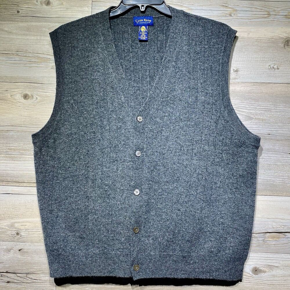 Vintage Club Room Vest Men's 100% Lambswool Gray Button-Front Size XL Academia